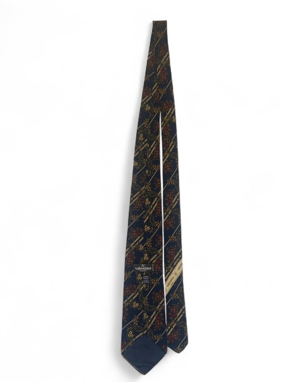 Vintage Valentino Cravatte Silk Tie Mens Navy Blue Gold Floral Striped Italy - Picture 3 of 5